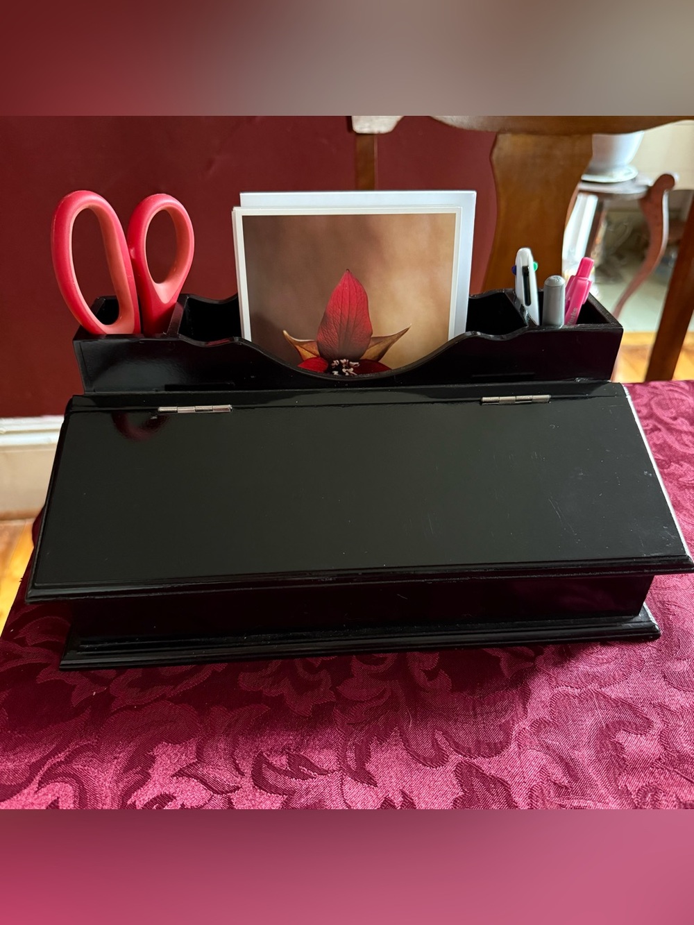 Black Wooden Desk Organizer with Pen, Scissor, notepad Compartments